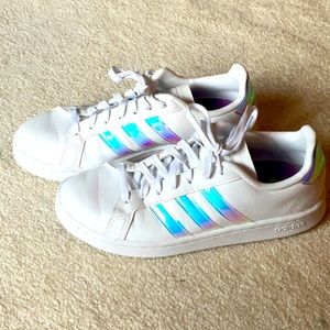 Adidas Cloudform sneaker.  White/iridescent highlights.